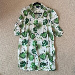 Tropical Leaf Print Mini Dress - White & Green